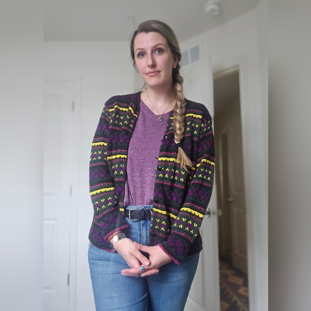 Vintage Benetton Cardigan 90s Colorful Knit Sweater Made in Italy Size M - Picture 2 of 15